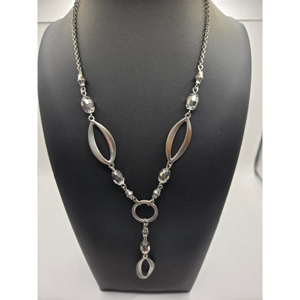 Lia Sophia Silver Tone Y-Necklace Marquise Links Faceted Grey Beads Adjustable